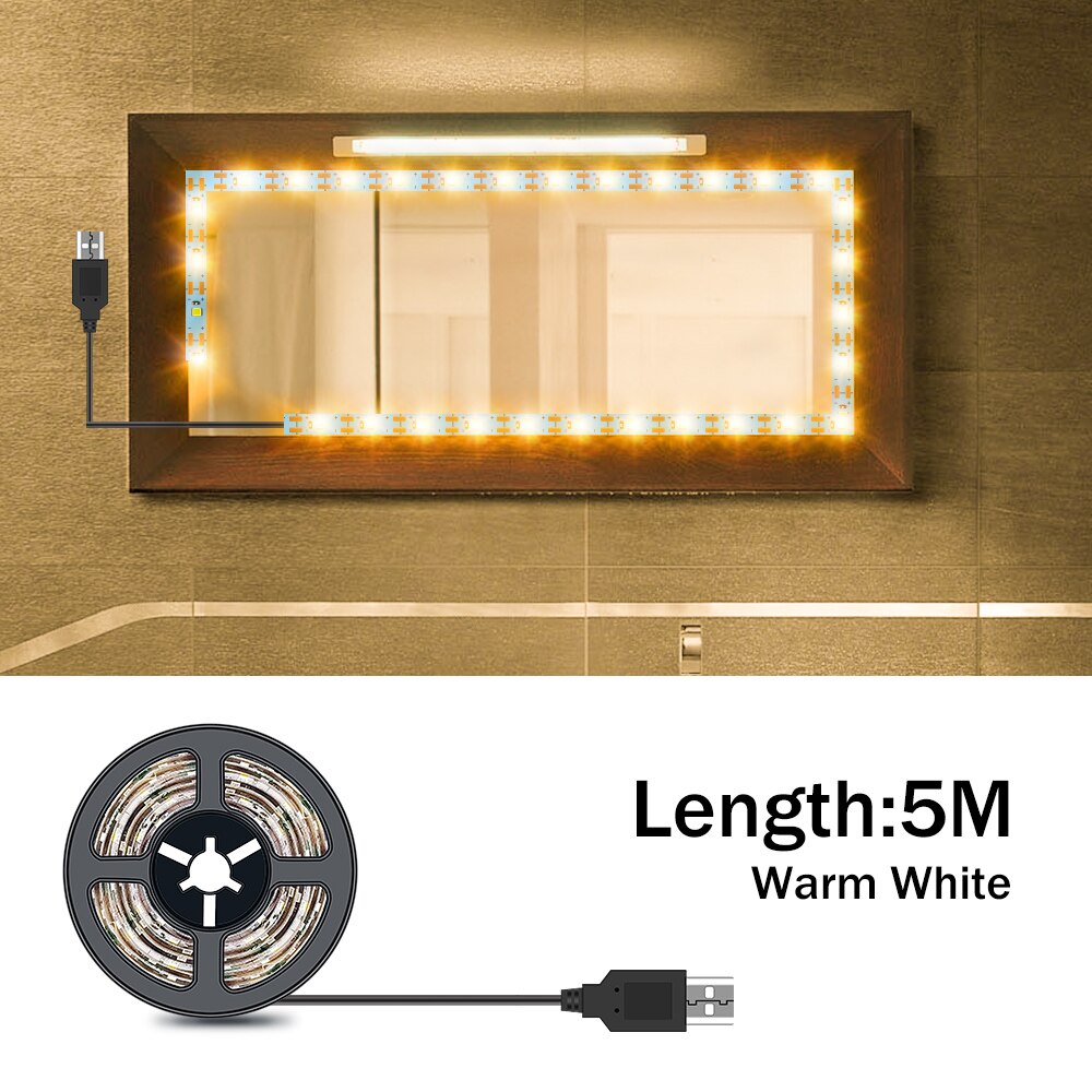 Luz LED para espejo de tocador de maquillaje, lámpara de belleza alimentada por USB para iluminación de decoración del hogar, 1M, 2M, 3M, 4M, 5M, 5V: 5M  Warm White
