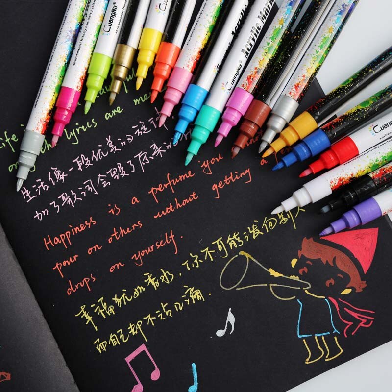 12/18/24/36 Kleuren 0.7Mm Acryl Verf Marker Pen Art Marker Pen Voor Keramische Rock glas Porselein Mok Hout Stof Canvas Schilderij