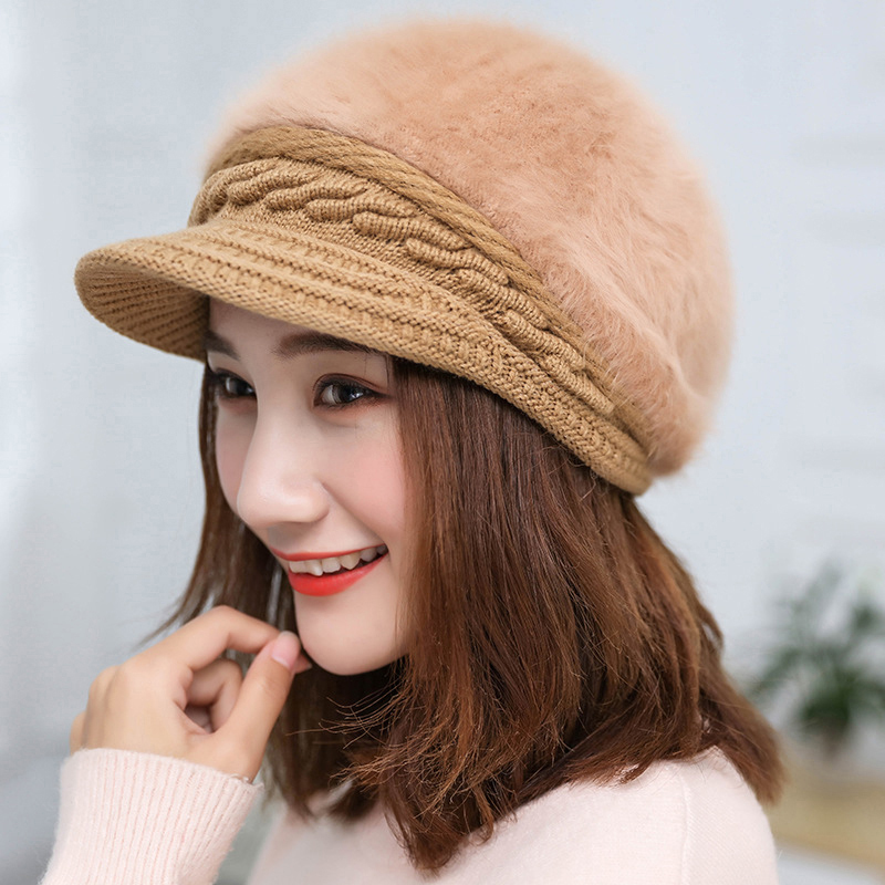 Women Warm Fleece Inside Twist Crochet Knitted Visors Cap Autumn Winter Brim Wool Hat Solid Color Soft Beanie Female