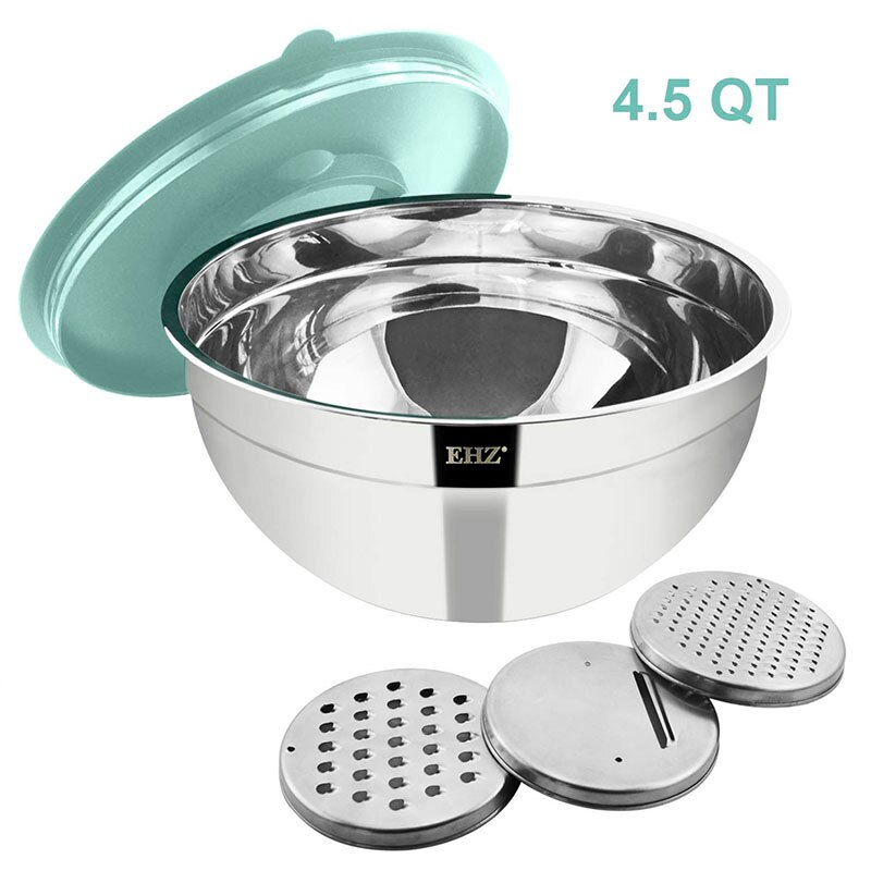 Mixing Bowl Stainless Steel Salad Mixer Bowl 4.5QT with Lid and 3 Grater Attachments for Kitchen Cooking Baking &amp; Food Container: Aqua - 5 pcs