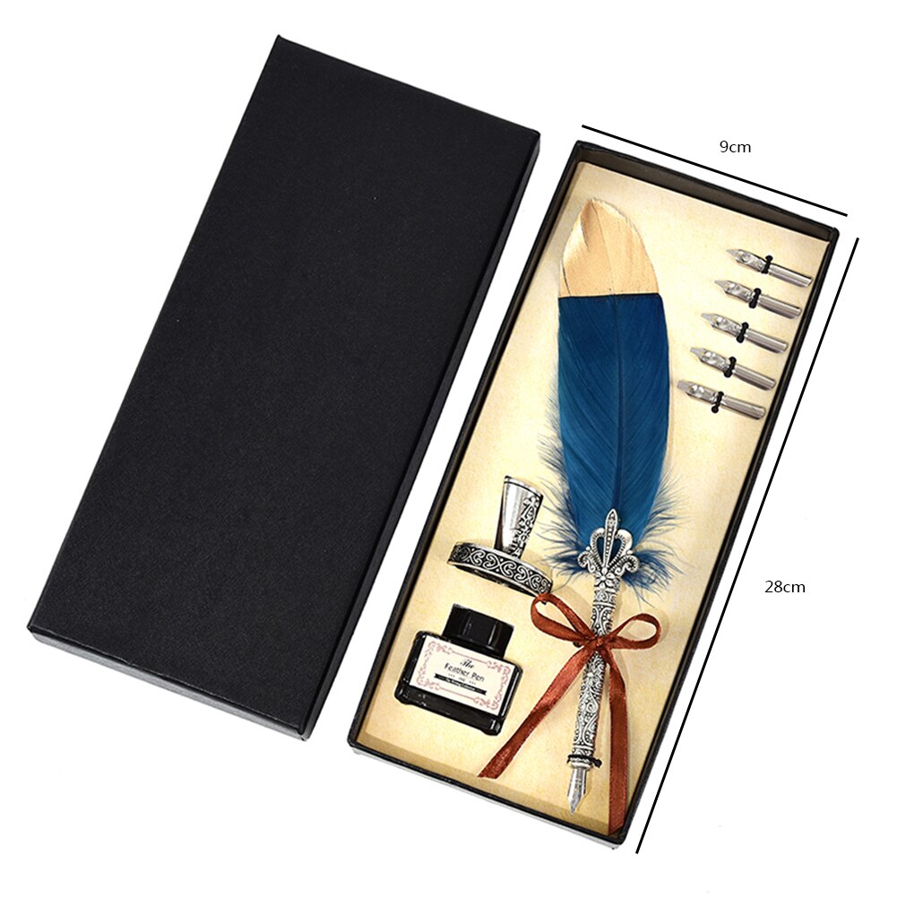 Vintage Calligraphy Feather Dip Pen Pen Handle 2/5 Nib Writing Ink Set Quill Fountain Pen Writing Set Birthday