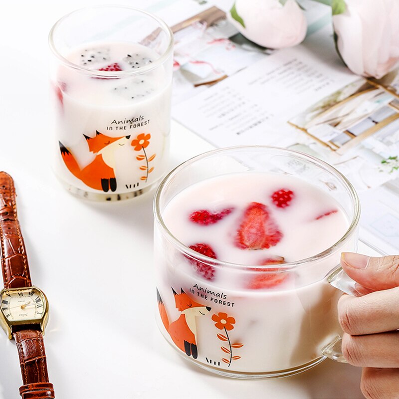 Cute Fox Coffee Mugs Breakfast Animal Milk Juice Tea Heat Resistant With Handle Cup Transparent Thickening Home
