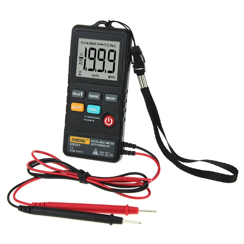 Aneng AN301 Mini Digitale Multimeter 1999 Telt Draagbare Ac Dc Voltmeter Weerstand Ammeter Meter Tester Met Led Licht: Black