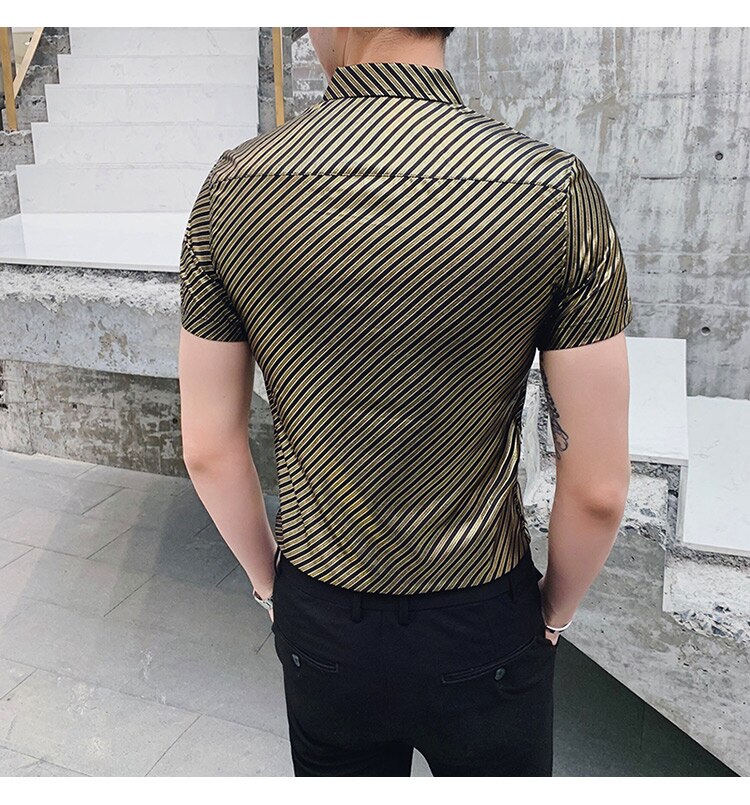 Mwxsd nachtclub heren gestreepte overhemden heren korte mouwen glanzend bronzing bedrukt slim fit overhemd heren casual slim fit overhemd