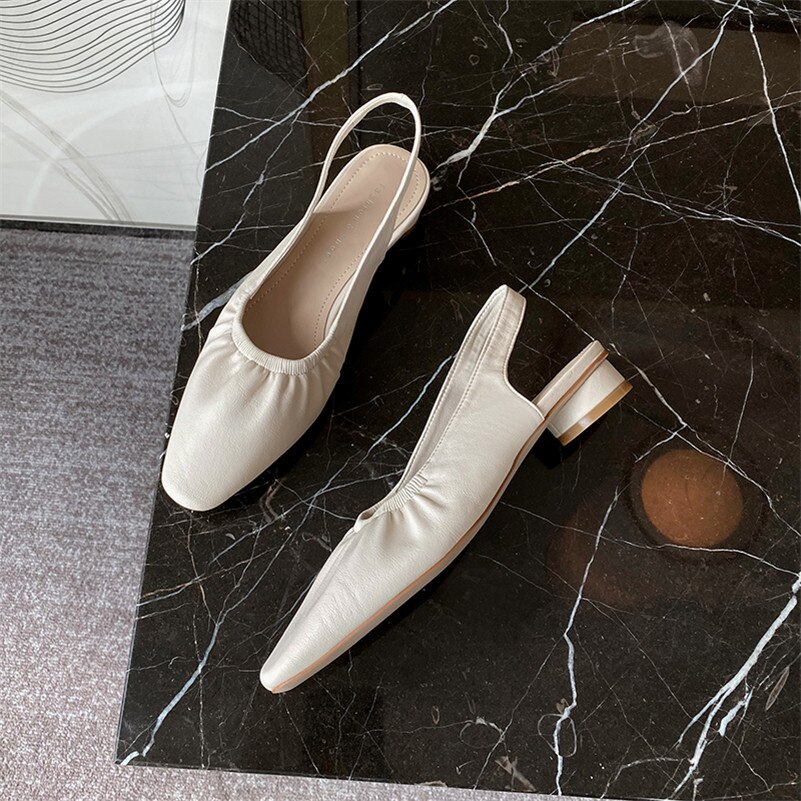 Meotina kvinnor pumps veckade lågklackade slingbacks skor fyrkantig tå blockklackar klänning kvinnliga skor sommar aprikos beige 34-39
