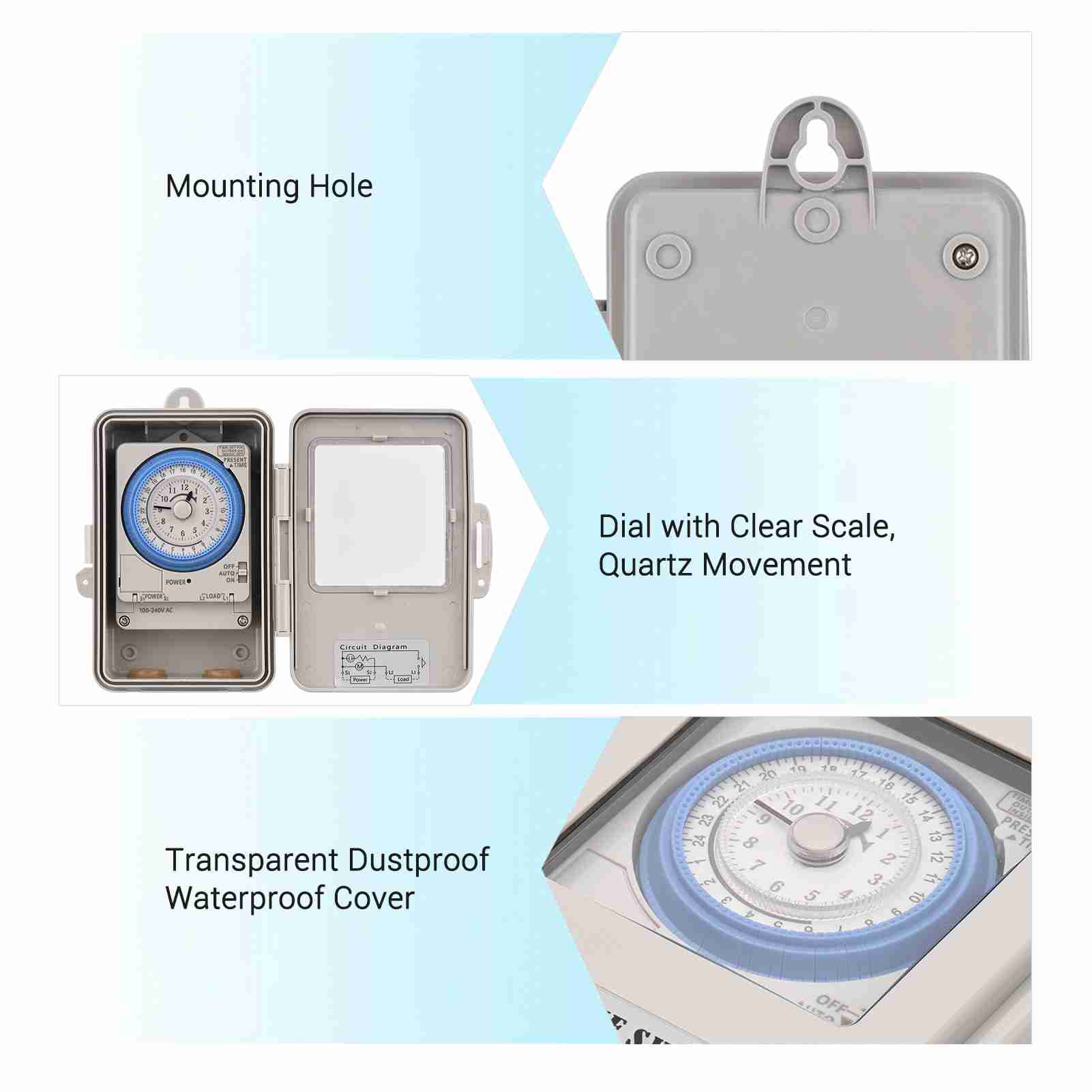 Mechanical 24 Hours Timer Switch IP53 Programmable Electrical Timer Switch Box AC 100-240V 15 Minutes Interval 96 Times ON/ OFF