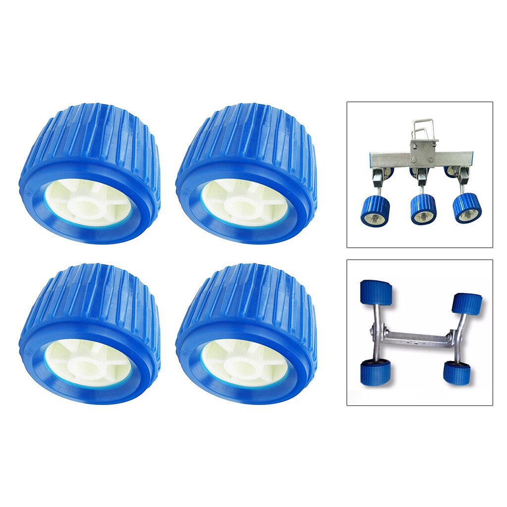 4 Set Boat Trailer Blue Rubber Ribbed Wobble Roller 4.33 inch Diameter, 3 inch Wide
