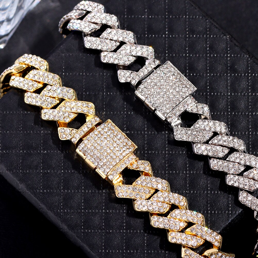 Mode Bling Verharde Rhinestone Prong Cubaanse Ketting Armband Voor Vrouwen Mannen Hip Hop Iced Out Chunky Link Chain Armbanden sieraden