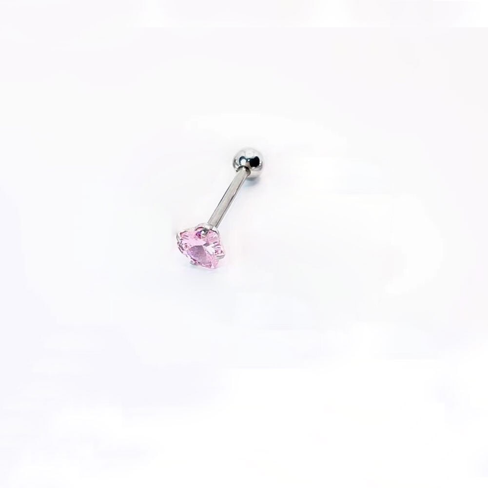 1Pcs Stainless Steel Piercing Tongue Ring Heart Crystal Zircon Tongue Studs For Women Piercing Body Jewelry Ear Stud Lip Studs: pink / 1.4cm