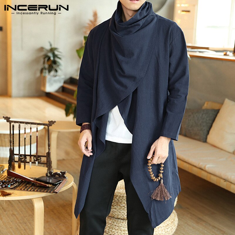 Incerun Vintage Mannen Jassen Katoen Coltrui Onregelmatige Geul Poncho Casual Lange Mouw Mantel Effen Straat Jassen Heren Bovenkleding