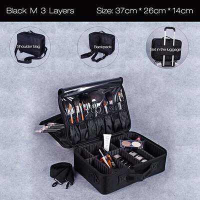 Women Brand Cosmetic Bag Travel Makeup Organizer Make Up Box Cosmetics Pouch Bags Beauty Case For Makeup Artist: Black  M  3   Layers