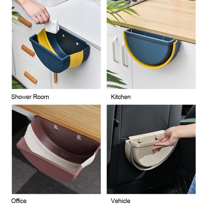 Folding Waste Bin Kitchen Cabinet Door Hanging Trash Can Recycle Bin Wall Mounted Trash Can For Bathroom Toilet Waste Storage