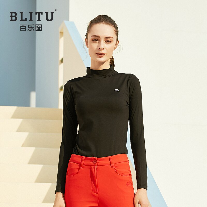 Golftøj dame langærmet t-shirt forår slim bundtøj stretch højhalset damesportstøj: Sort / Xl