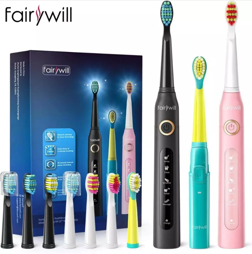 Fairywill Electric Sonic Toothbrush FW-507 USB Charge Rechargeable Adult Waterproof Electronic Tooth 8 Brushes Replacement Heads: FW507Dual-2001BE