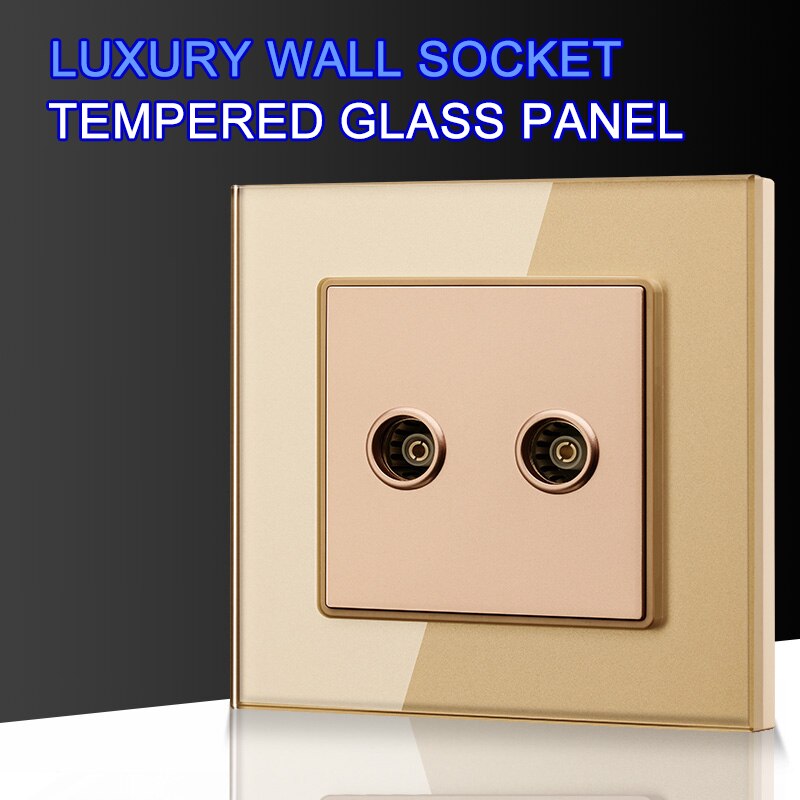 Di lusso doppio antenna TV Presa A Muro Argento placcato il Doppio Coassiale Montaggio A Parete Piastra Frontale di Presa di Uscita di Cristallo Temperato di Vetro