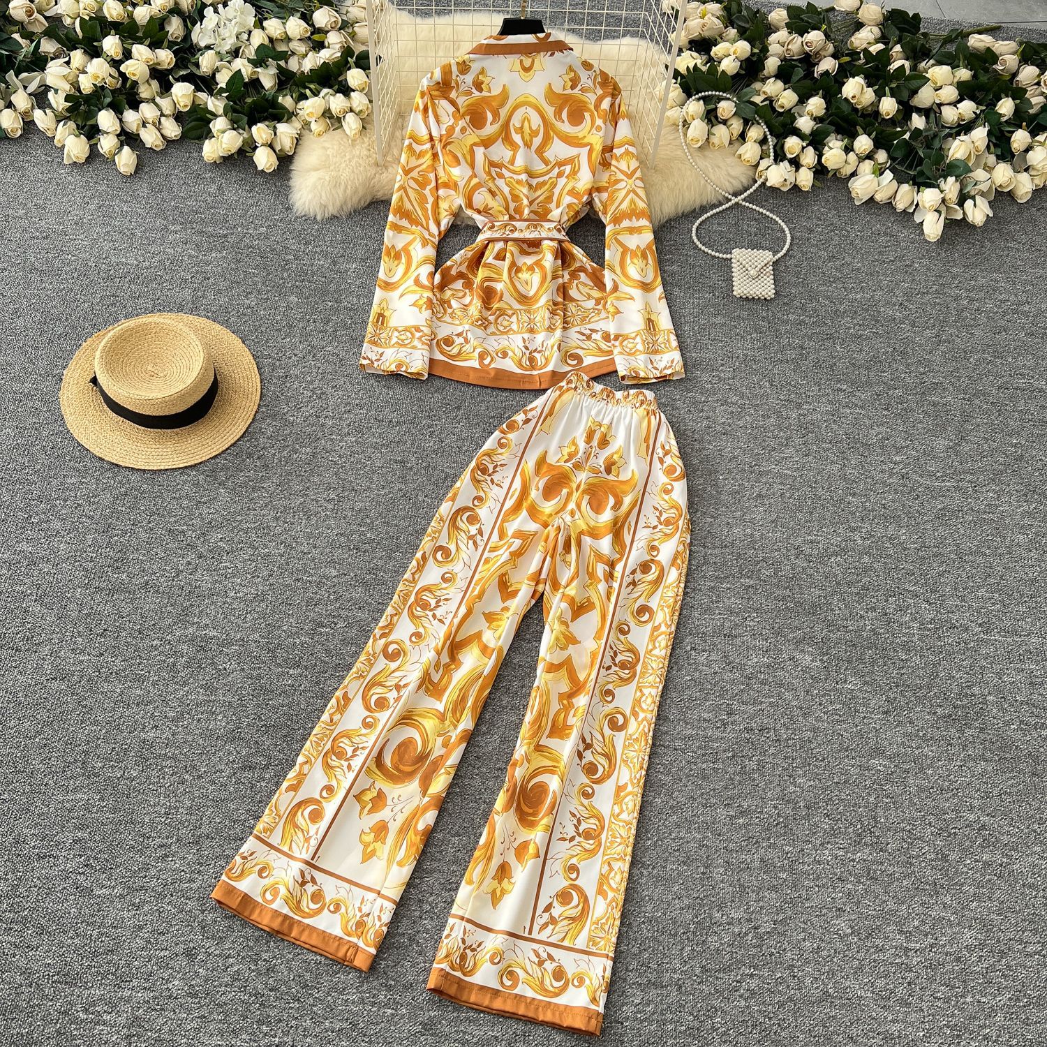 Pant Set Women Two Piece Sets Turn Down Collar Matching Sets Print Casual Loose Tops Wide Leg Long Pants Lace Up High Waist