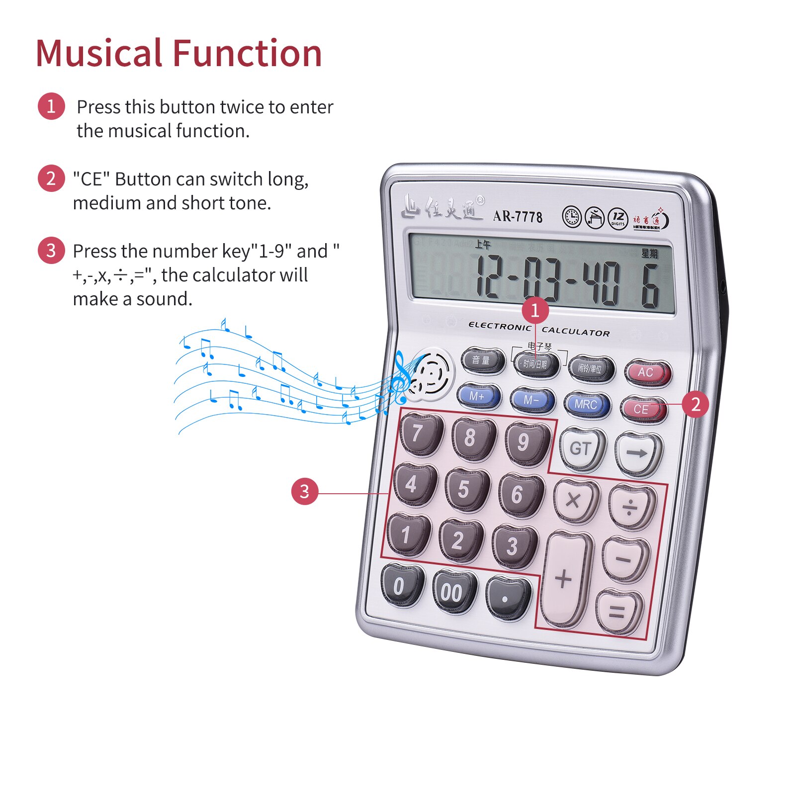 Musical Desktop Calculator 12-Digits LCD Display with 3.5mm Audio Jack Adjustable Volume Cable Electronic Calculator Counter