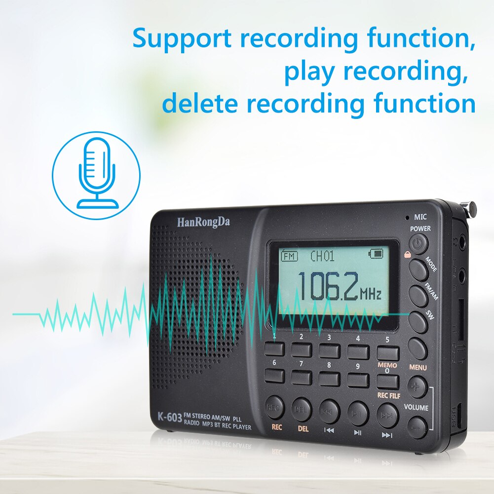 K-603 Portable Digital Radio LCD Display FM AM SW Radio With BT Speaker Power-off Memory Function Radio