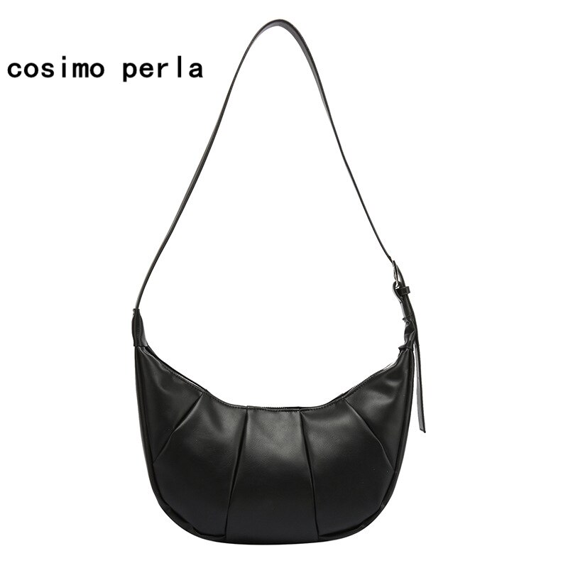 Casual Soft Leather Large Hobos Croissant Handbags for Women Simple Half Moon Black Shoulder Bags Purses