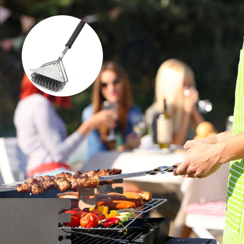 3 In 1 Stainless Steel Bristle Grill Brush and Scraper Metal Mesh Wire BBQ Grates Triple Cleaning Tool with Long Handle Barbecue