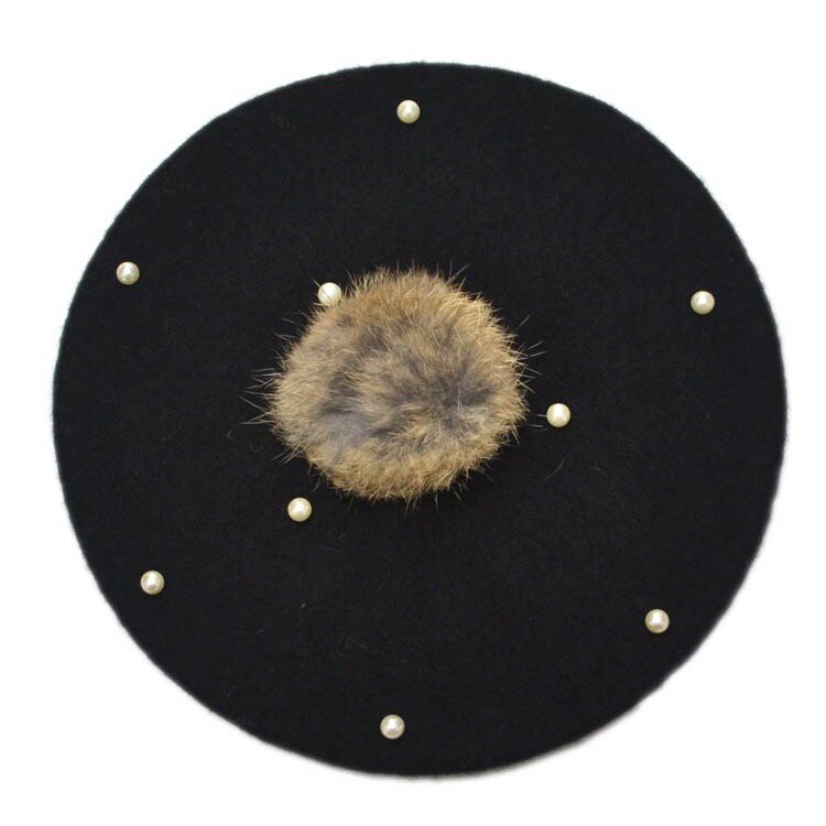 Børn perle kanin pels baret hat til baby piger hue hatte med pompon multicolor: Sort