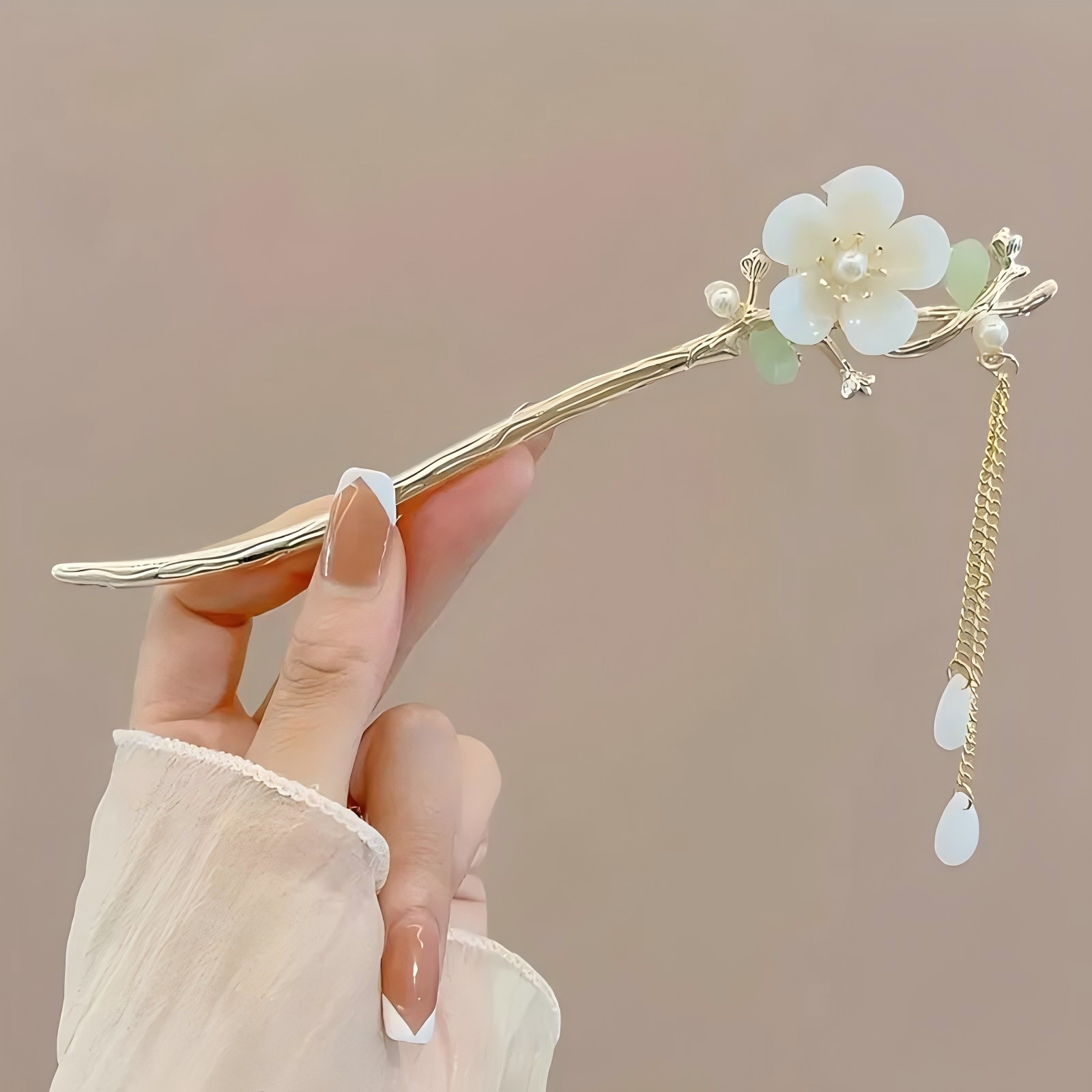 Pinza para el pelo de estilo chino , palo para el pelo con borla, Floral tradicional, accesorio de peinado, joyería para mujer, horquilla: Bañado en rodio de imitación