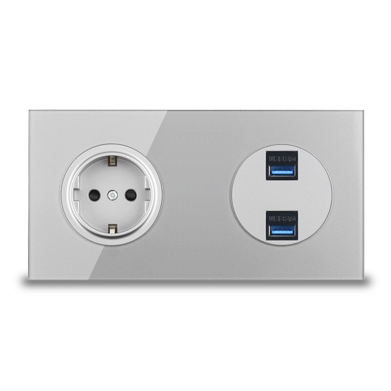 Eu eluttag med hdmi usb 3.0 data jack dataöverföringsport vägguttag för dator tv tv uttag silvergrått glas: Dubbla usb -datakontakt