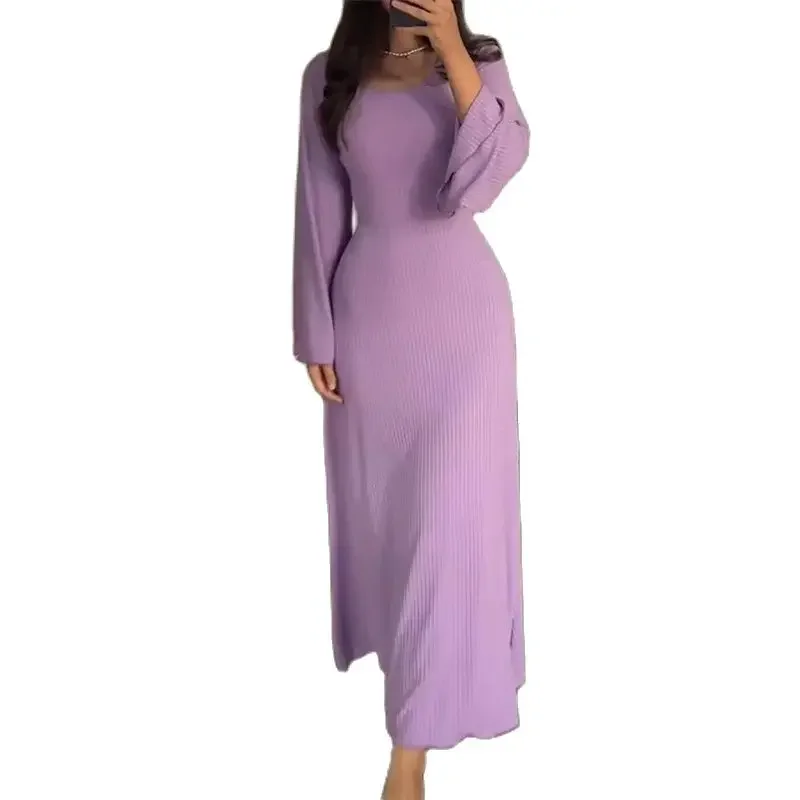2024 Elegante Dünne Kleider Frauen Zurück Spitze-hoch Kleid Einfarbig Gestrickte Grube Streifen Kleid Herbst Langarm weibliche Kleid