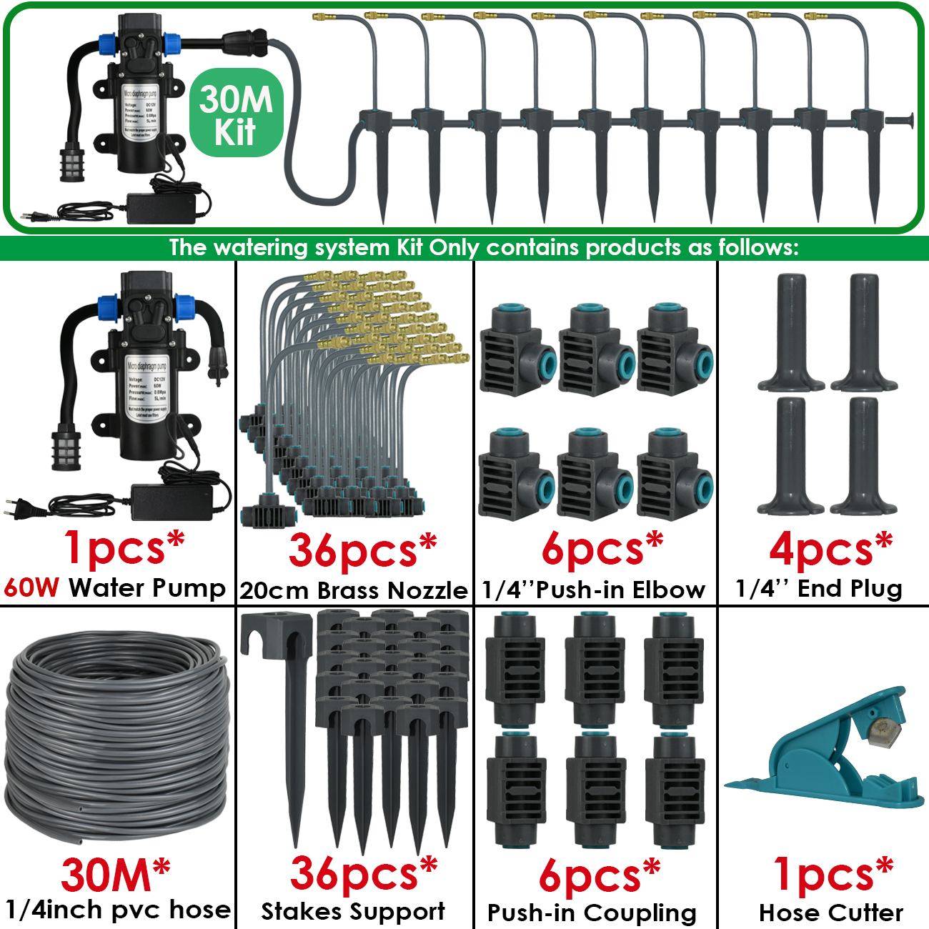 5M-30M 360° Bendable Mist Brass Cooling Sprinkler Self-priming Pump Watering System Quick Push-in Connector Drip Irrigation Kits