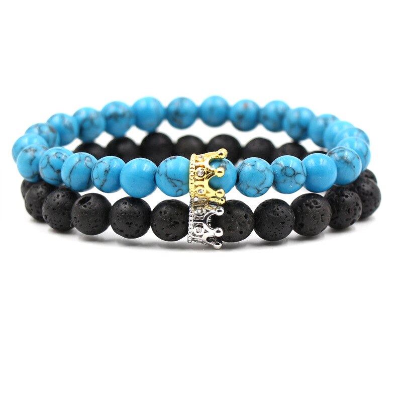 8mm 2 stk/sæt par mikro indsat zirkon krone armbånd klassisk natursten elastisk kvinder charm perler armbånd til mænd smykker: Farve 17