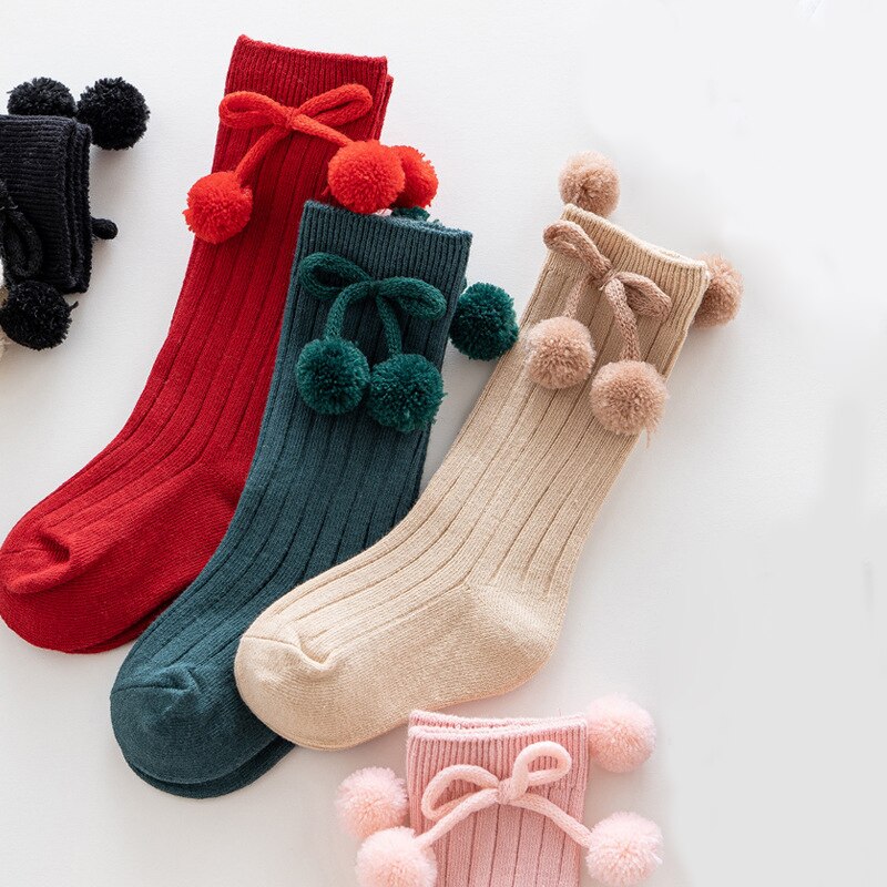 6 Colors Unisex Children Cherry Poms Ball Knee High Socks Baby Toddler Tube Socks For Kids Girls Boys Cherry Knitted Sock 2-6Y