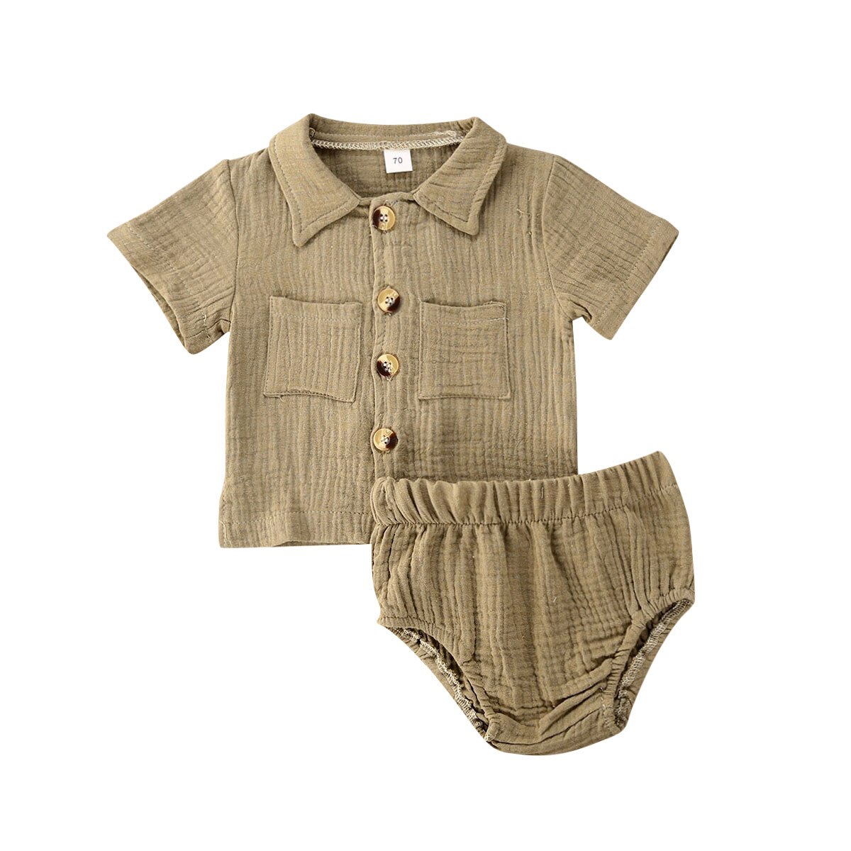 Baby pige dreng 2 stk outfit sæt solid plisseret button-down foldet krave kortærmet top skjorte trekant elastik bukser sæt: Khaki / 12m