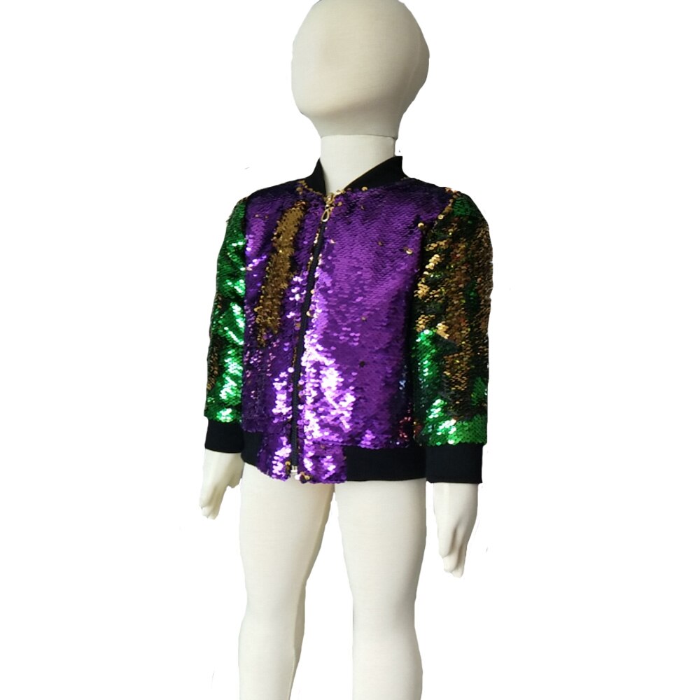 Mardi Gras Orleans Groen Goud/Paars Gouden Kleur Meisjes Bling Sparkle Rits Rib Manchet Lange Mouwen Sequin Jas jas: 1 / 6T