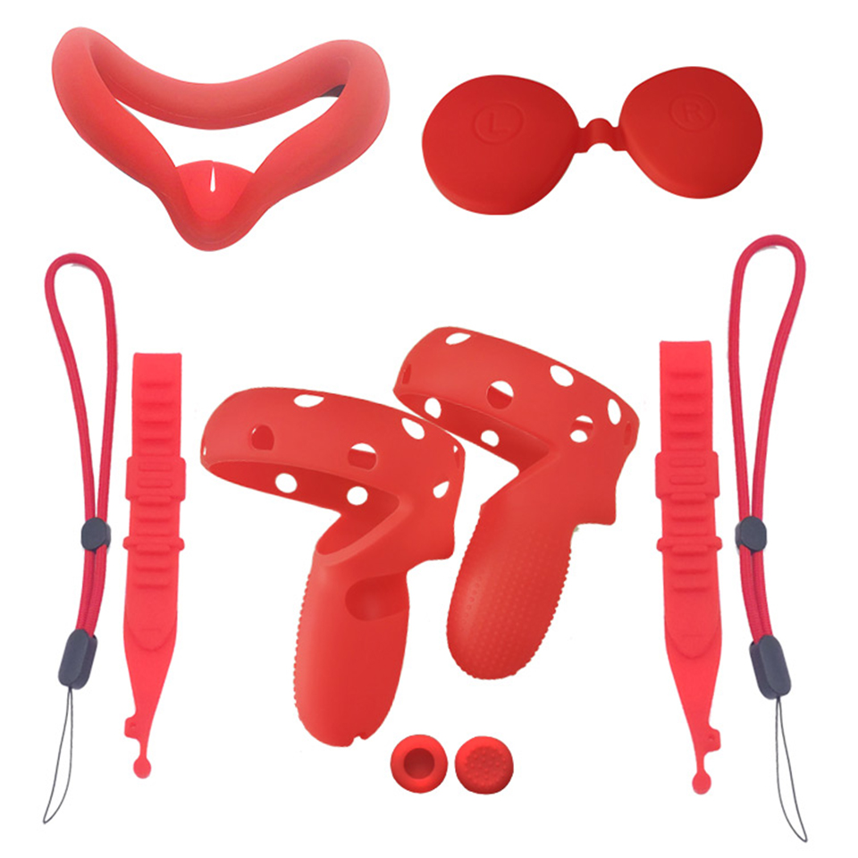 VR Silicone Accessory Kit With Lens Cover Controller Cover For Oculus Quest 2 Eye Pad Touch Grips Hand Strap: Full set Red