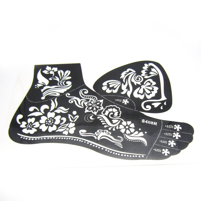 Plantillas de tatuaje de Henna para pies, 1 pieza, para pintura corporal, aerógrafo grande con purpurina de flores, plantillas de tatuaje de pies, ehndi, 24x16,5 cm