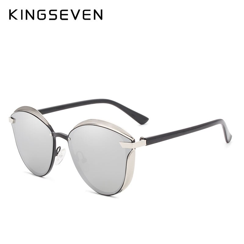 Kingseven mærke cat eye solbriller kvinder polariseret luksus legering stel +tr90 solbriller retro oculos de sol gafas: Sølv