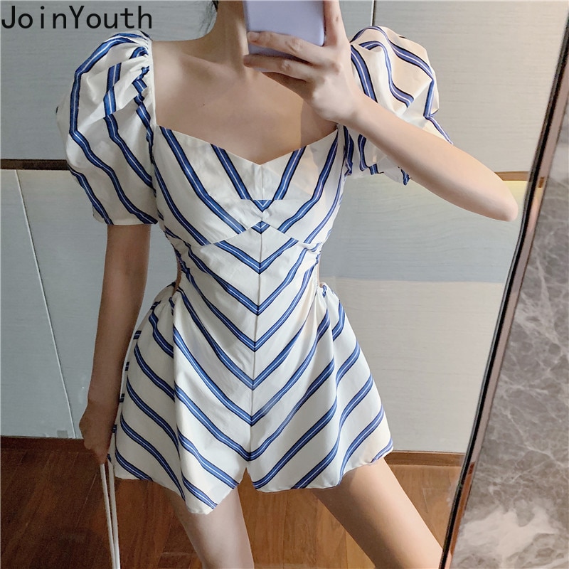 Joinyouth jumpsuits kvinder pufærmer udhulet højtaljet playsuit stribet løst brede ben korte bukser playsuit streetwear 7 a 421