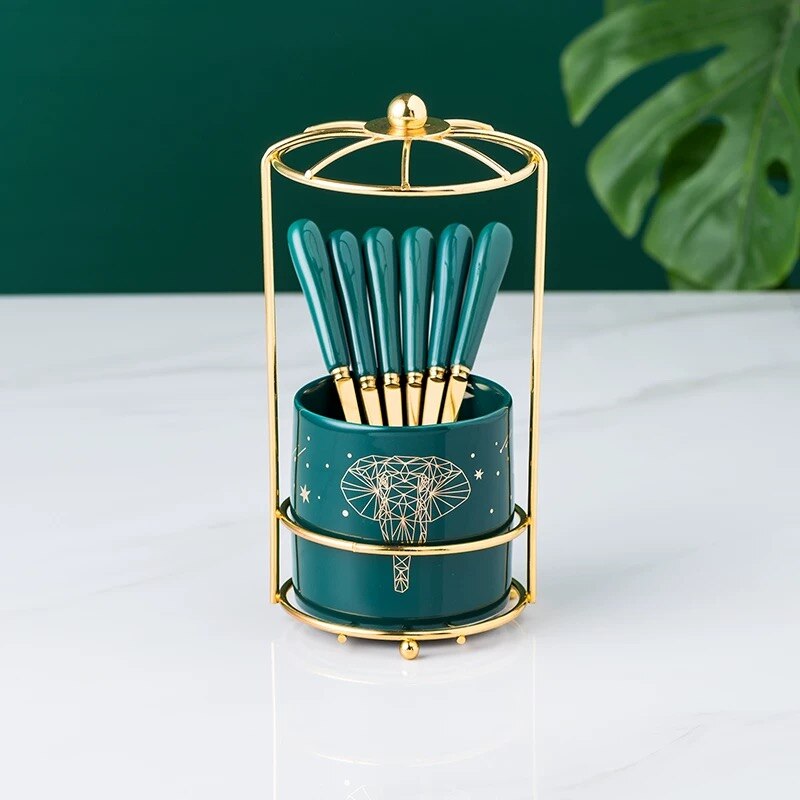 Nordic Ceramic Stainless Steel Fruit Fork Storage Tube Dessert Fork Cake Fork Fruit Fork Storage Pot Living Room Fruit Fork Set: 6 forks pot rack 6