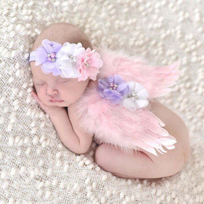 Neugeborene Baby Mädchen Jungen Kinder Flügel + Stirnband Blume Kostüm Foto Fotografie Prop Outfits 2PCS Sets