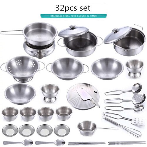 40Pcs Stainless Steel Kids House Kitchen Toy Cooking Cookware Children Pretend & Play Kitchen Playset for Children- Silver: 32Pcs No box