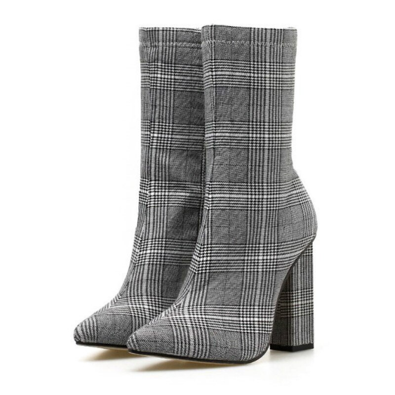 LEOPARD LAND-Botas de tacón alto para mujer, botines puntiagudos a cuadros, gruesos, de invierno, ZL-FD259-1,: 42