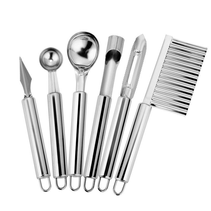 Juego de Herramientas de cocina de acero inoxidable, cuchillo para fruta, cuchillo para tallar sandía, Bola de excavación, cuchara, pelador de patatas, 6 unids/set: 6pcs
