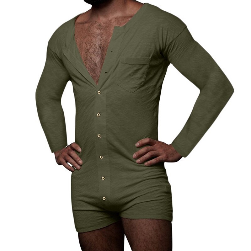Men Pajamas Rompers Long Sleeve Comfortable Homewear Leisure Mens Jumpsuit Sleepwear Solid Color Button Nightwear: Green / S