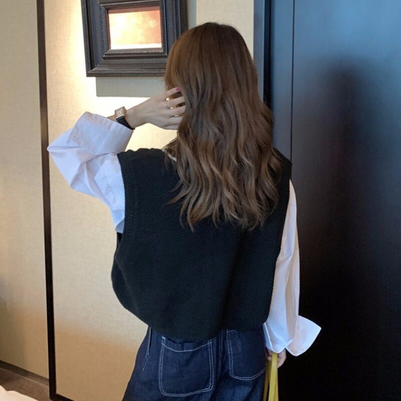 Tröja väst dam patchwork v-ringad enkelknapp snygg kontor dam koreanska ulzzang streetwear chic fritids ytterkläder