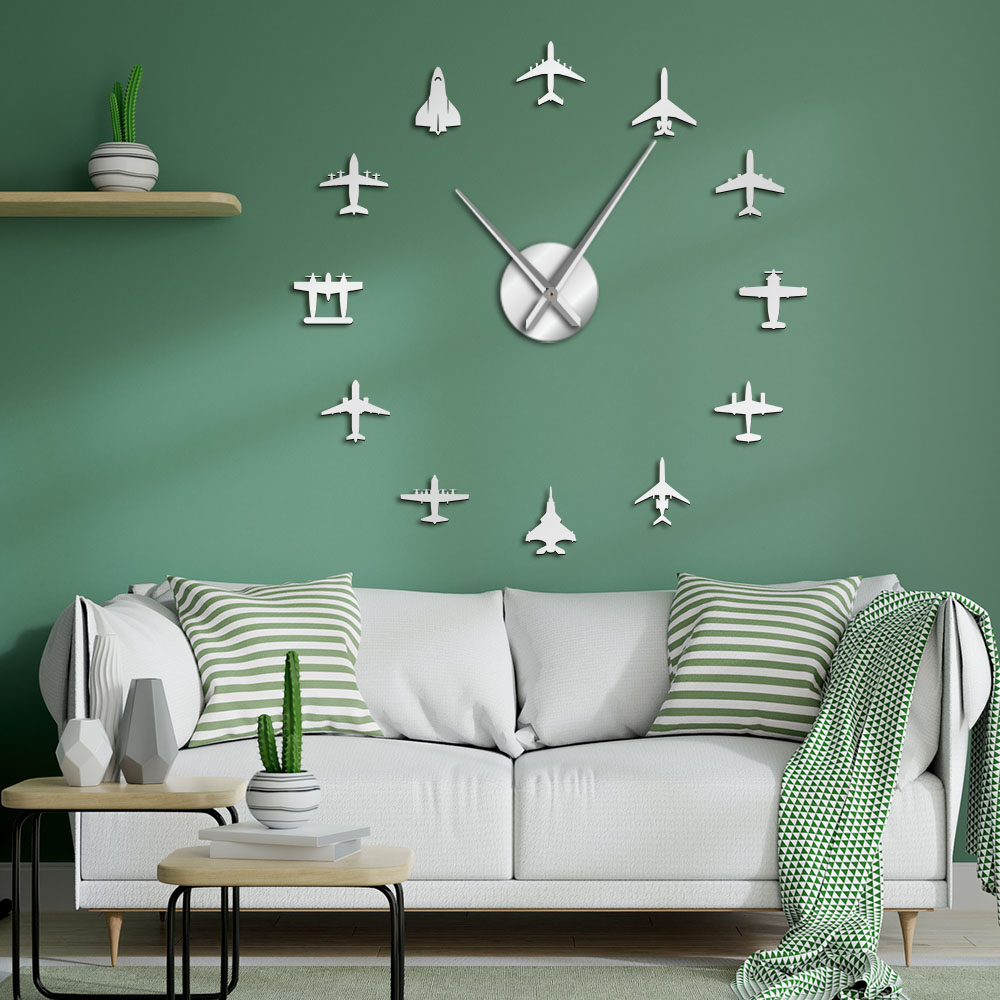 Vliegende Vliegtuig Fighter Jet Moderne Grote Wandklok Diy Acryl Spiegel Effect Sticker Vliegtuig Stille Wandklok Aviator Home Decor