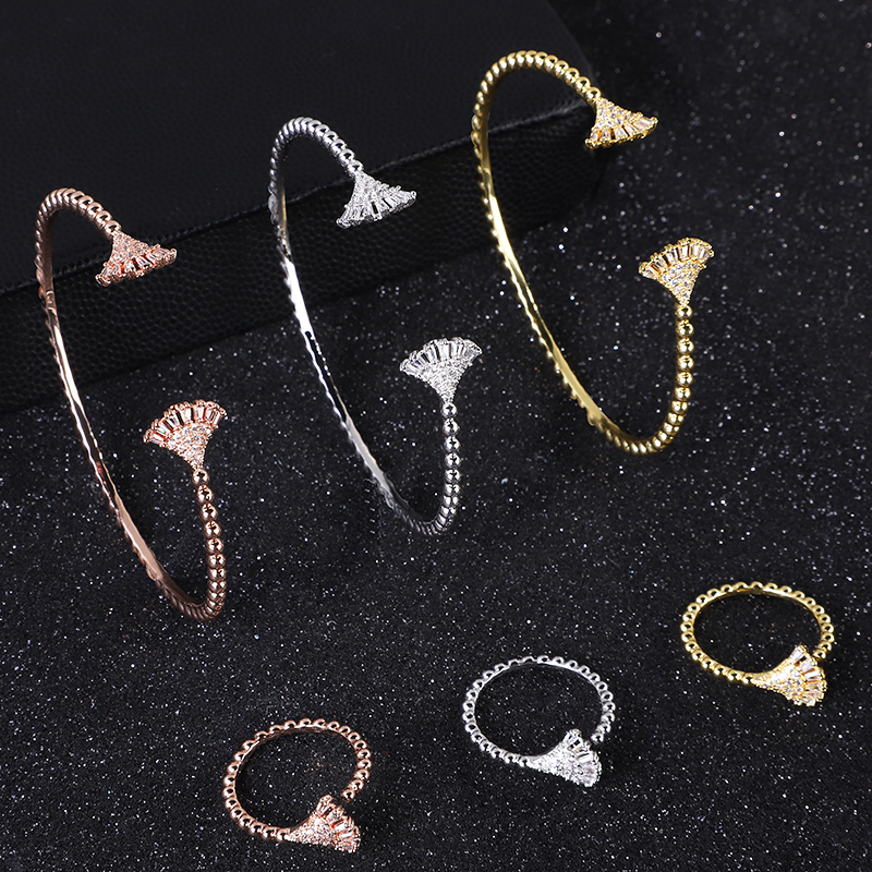 3 Sets/pakket Luxe Fan Vorm Saudi Arabië Bangle Ring Set Voor Vrouwen Micro Cubic Zirkoon Pave Party Bruiloft Dubai Sieraden