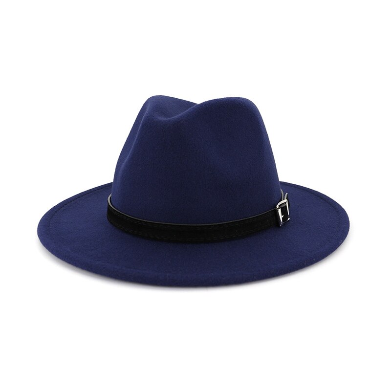 FS White Fedora Hat For Women Felt Hat With Belt Buckle Vintage Wool Wide Brim Jazz Cap Men Panama Hat 17 Colors: Navy fedora