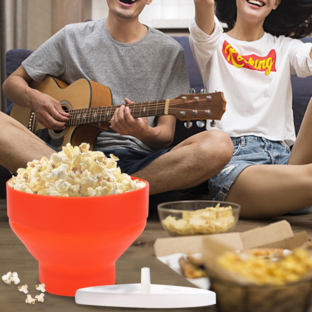 HOOMIN Popcorn Maker Silicone Red with Lid Microwave Popcorn Bowl Bucket Kitchen Easy Tools Chips Fruit Dish DIY