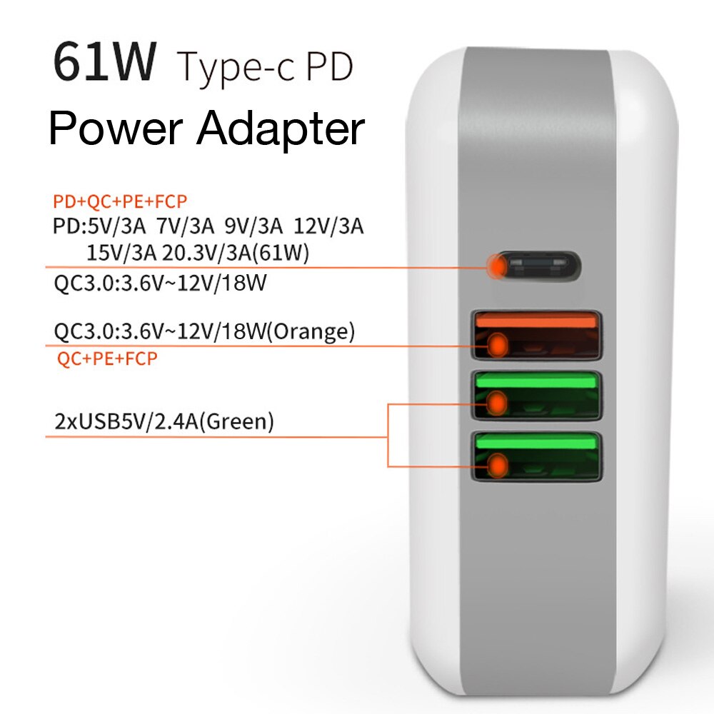 Type-c usb c-stroomadapter  pd 61w qc3.0 18w- oplader voor huawei/samsung/google voor ipad iphone macbook (usb-c-kabel)