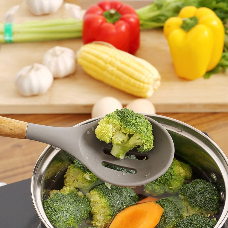 Kjøkkenutstyr av silikon trehåndtak nonstick spatel skje turner suppe øse visp kjøkken matlaging verktøy